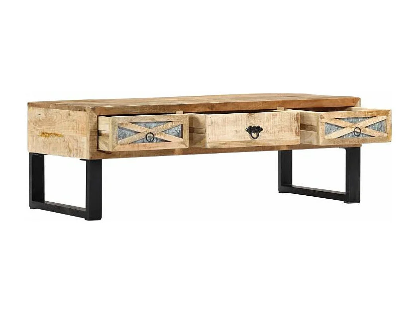 Table basse 3 tiroirs manguier massif clair et métal noir Maneci 2