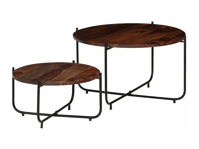 Table basse ronde sesham massif foncé et métal noir Elane - Lot de 2