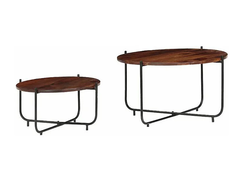 Table basse ronde sesham massif foncé et métal noir Elane - Lot de 2