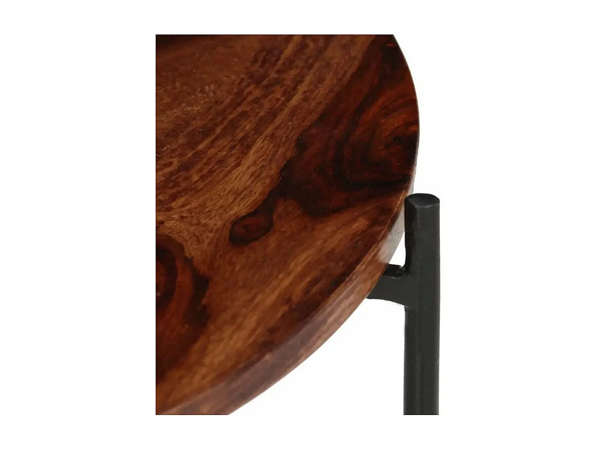 Table basse ronde sesham massif foncé et métal noir Elane - Lot de 2