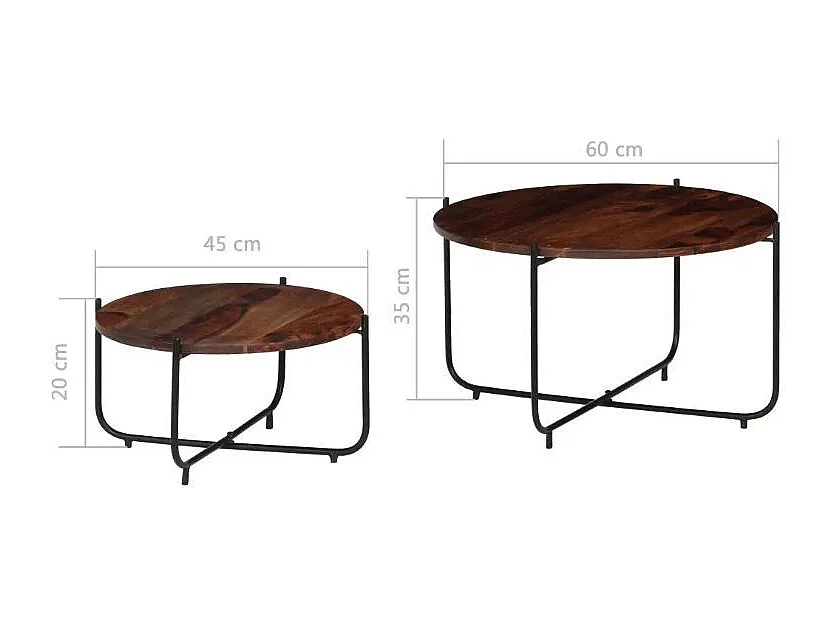 Table basse ronde sesham massif foncé et métal noir Elane - Lot de 2