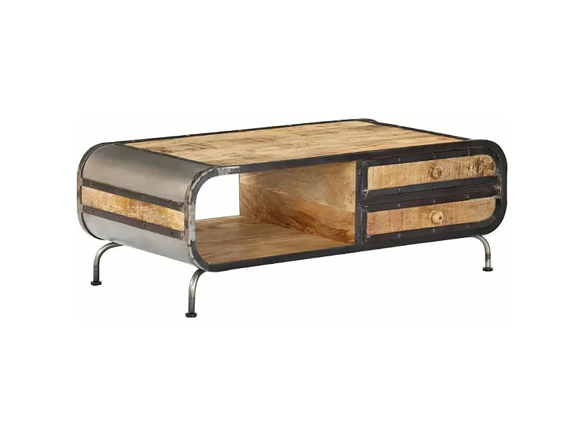 Table basse 2 tiroirs manguier massif clair et métal forgé Cinéma