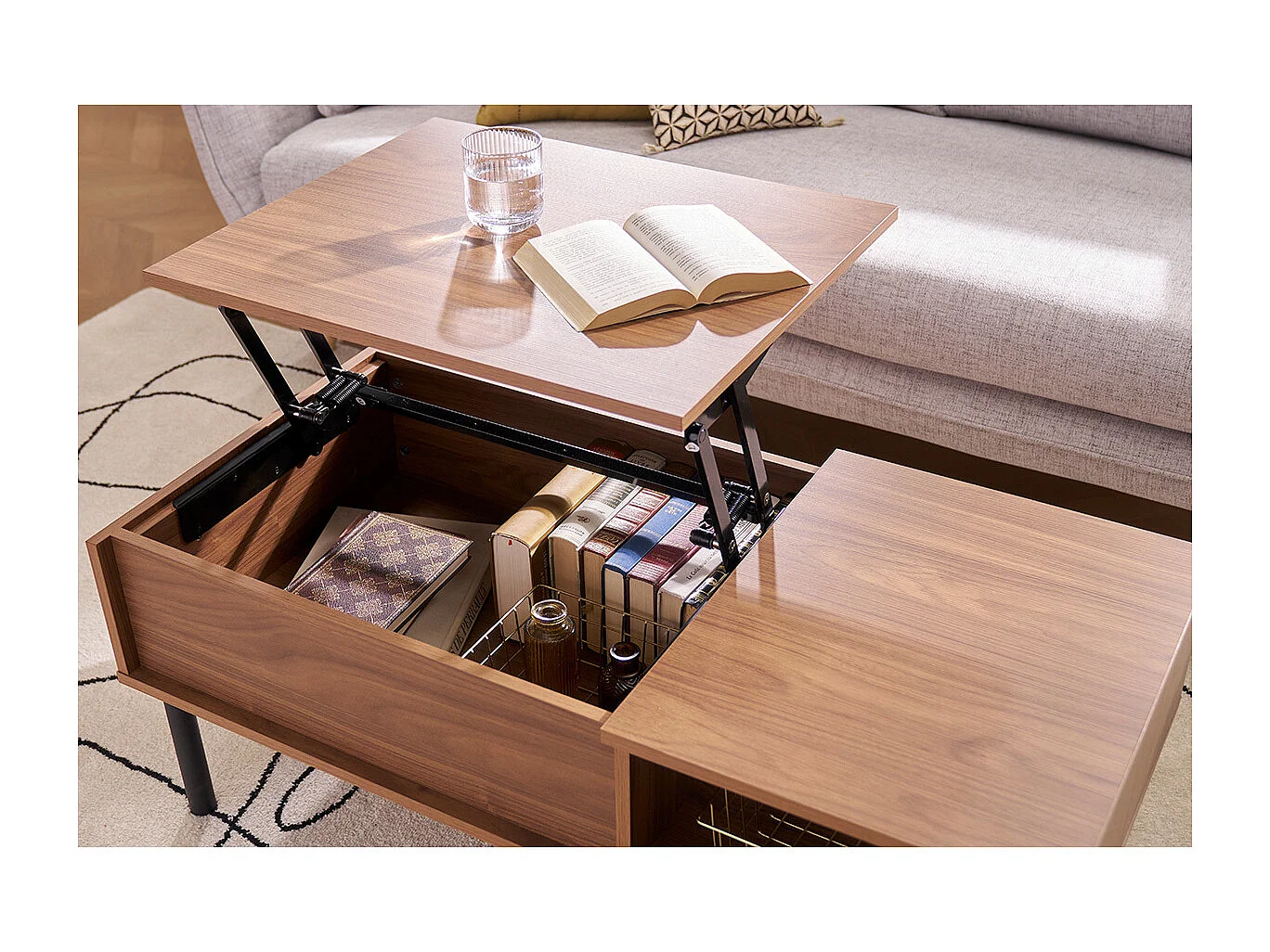 Table basse relevable rectangulaire bois foncé finition noyer et métal noir L100 cm KANE