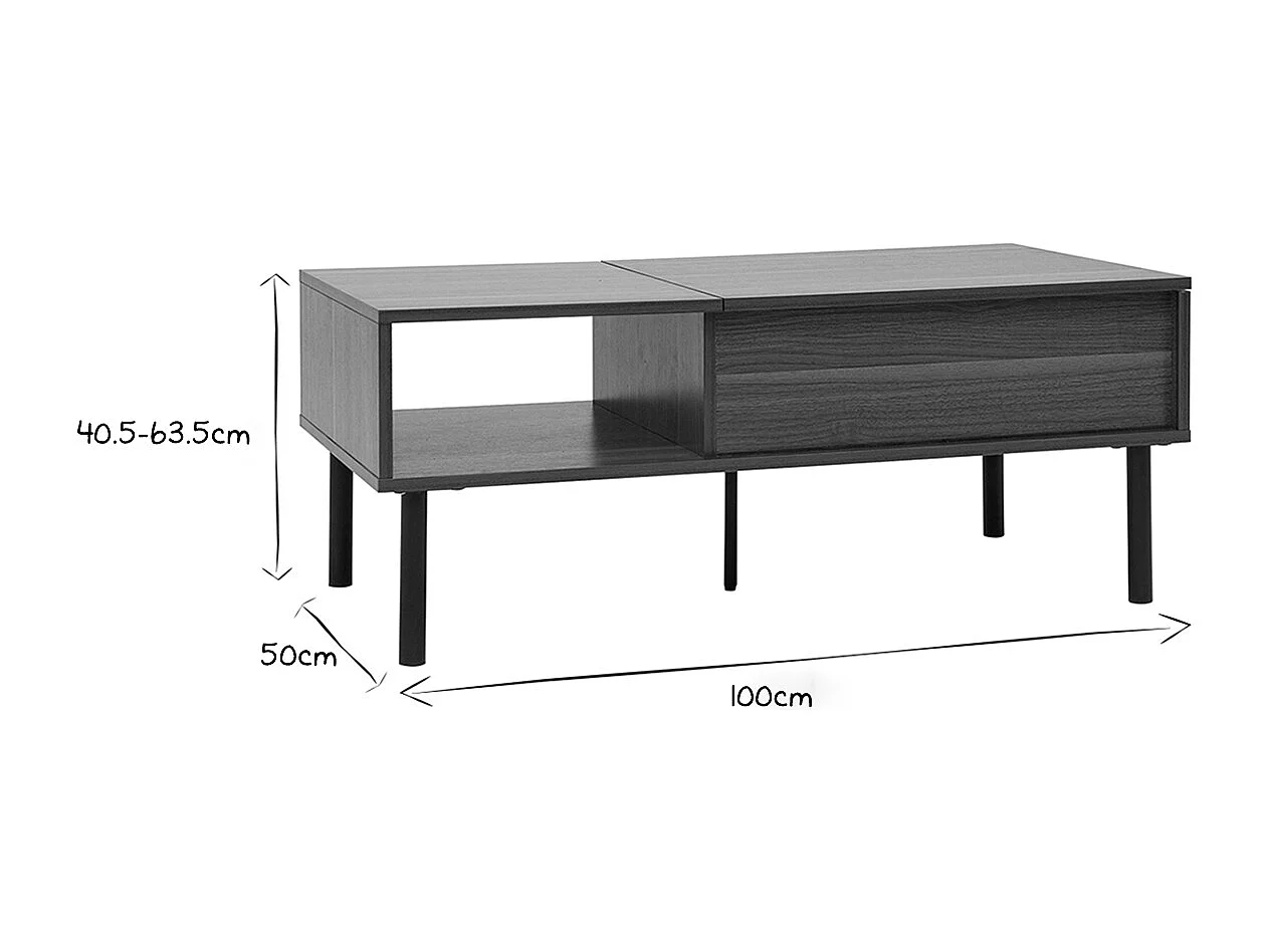 Table basse relevable rectangulaire bois foncé finition noyer et métal noir L100 cm KANE