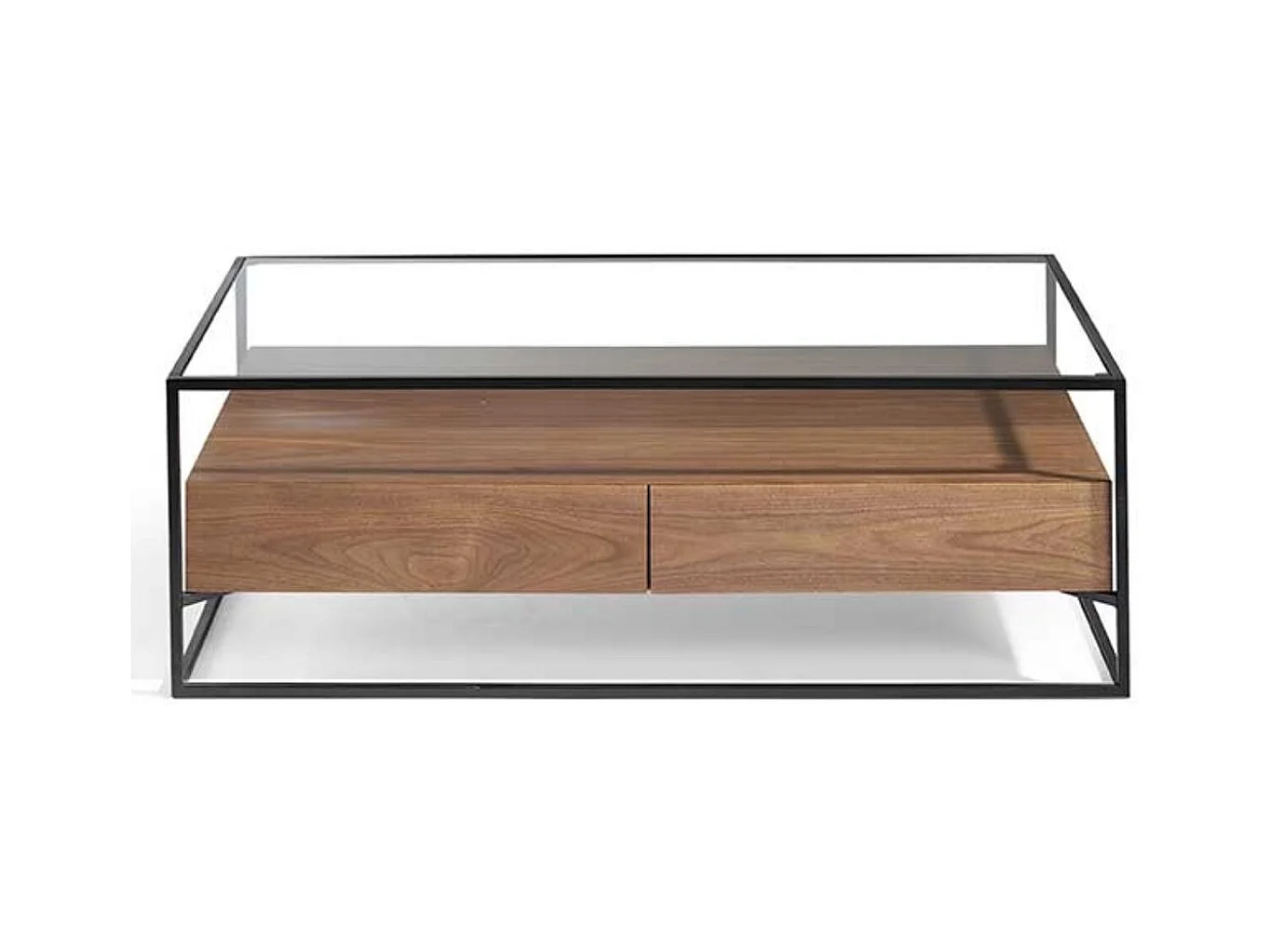 table basse 2 tiroirs bois de noyer et pieds métal noir Baliko 120cm