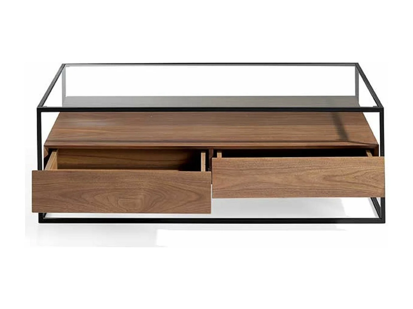 table basse 2 tiroirs bois de noyer et pieds métal noir Baliko 120cm