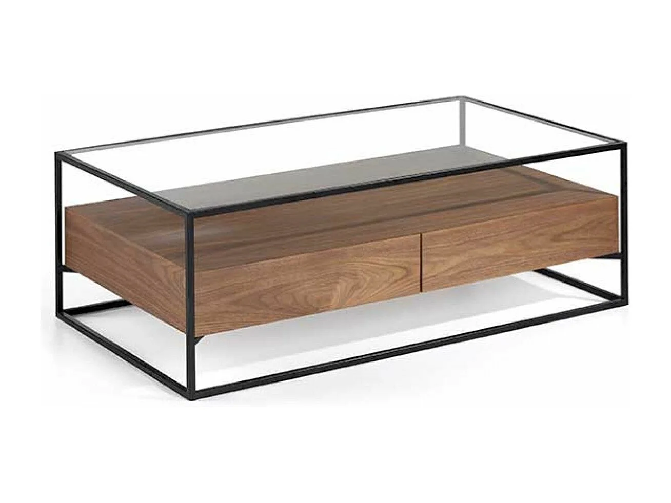 table basse 2 tiroirs bois de noyer et pieds métal noir Baliko 120cm