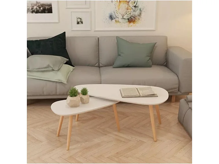 Table basse triangulaire bois blanc et pieds pin massif clair Katsa - Lot de 2