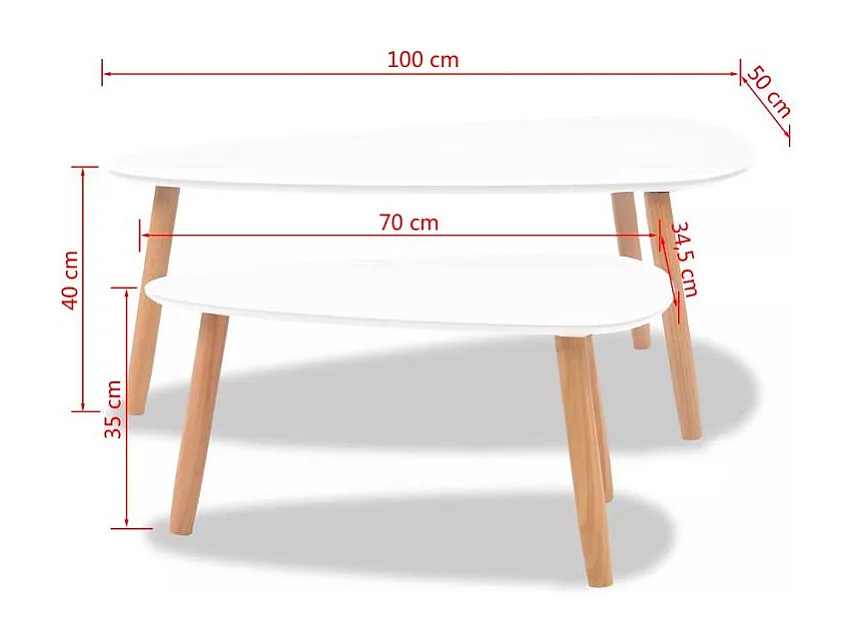 Table basse triangulaire bois blanc et pieds pin massif clair Katsa - Lot de 2