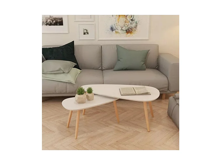 Table basse triangulaire bois blanc et pieds pin massif clair Katsa - Lot de 2