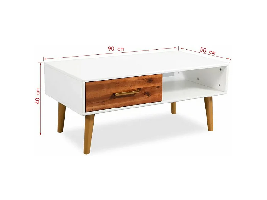 Table basse rectangulaire 1 tiroir acacia massif foncé et blanc Soken