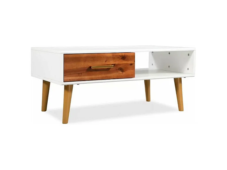 Table basse rectangulaire 1 tiroir acacia massif foncé et blanc Soken