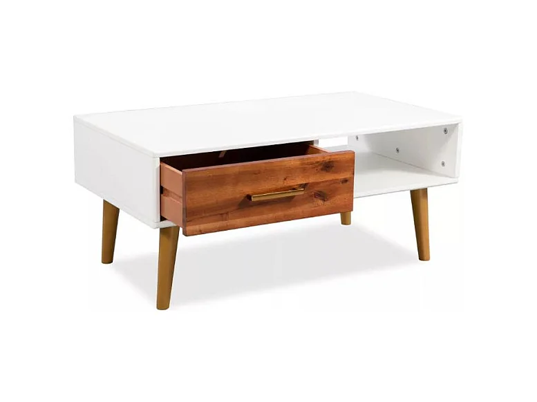 Table basse rectangulaire 1 tiroir acacia massif foncé et blanc Soken