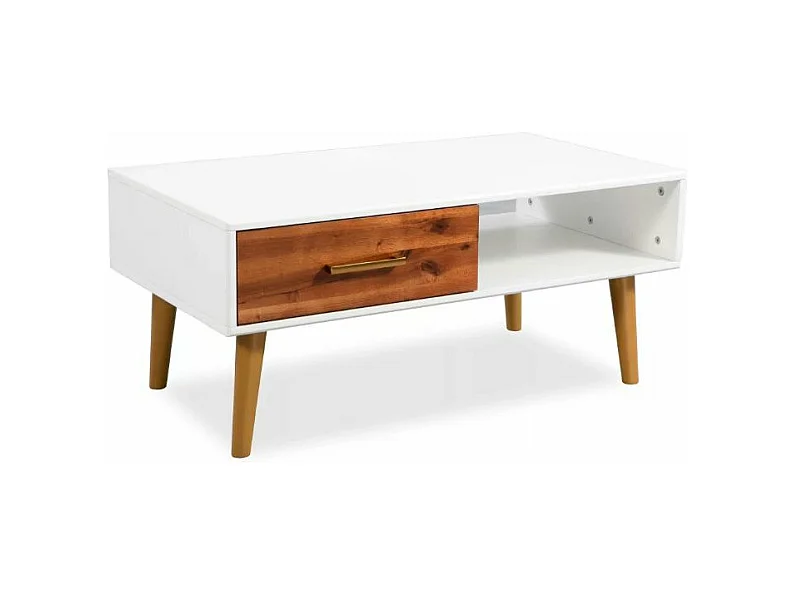 Table basse rectangulaire 1 tiroir acacia massif foncé et blanc Soken