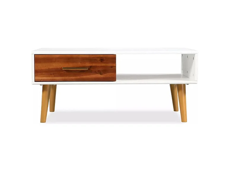 Table basse rectangulaire 1 tiroir acacia massif foncé et blanc Soken