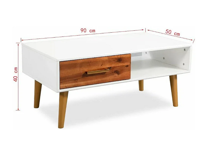 Table basse rectangulaire 1 tiroir acacia massif foncé et blanc Soken