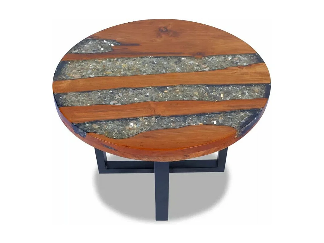 Table basse ronde teck massif clair et manguier noir Tamie