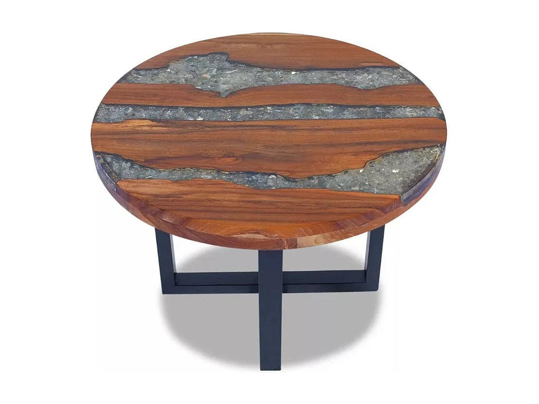 Table basse ronde teck massif clair et manguier noir Tamie