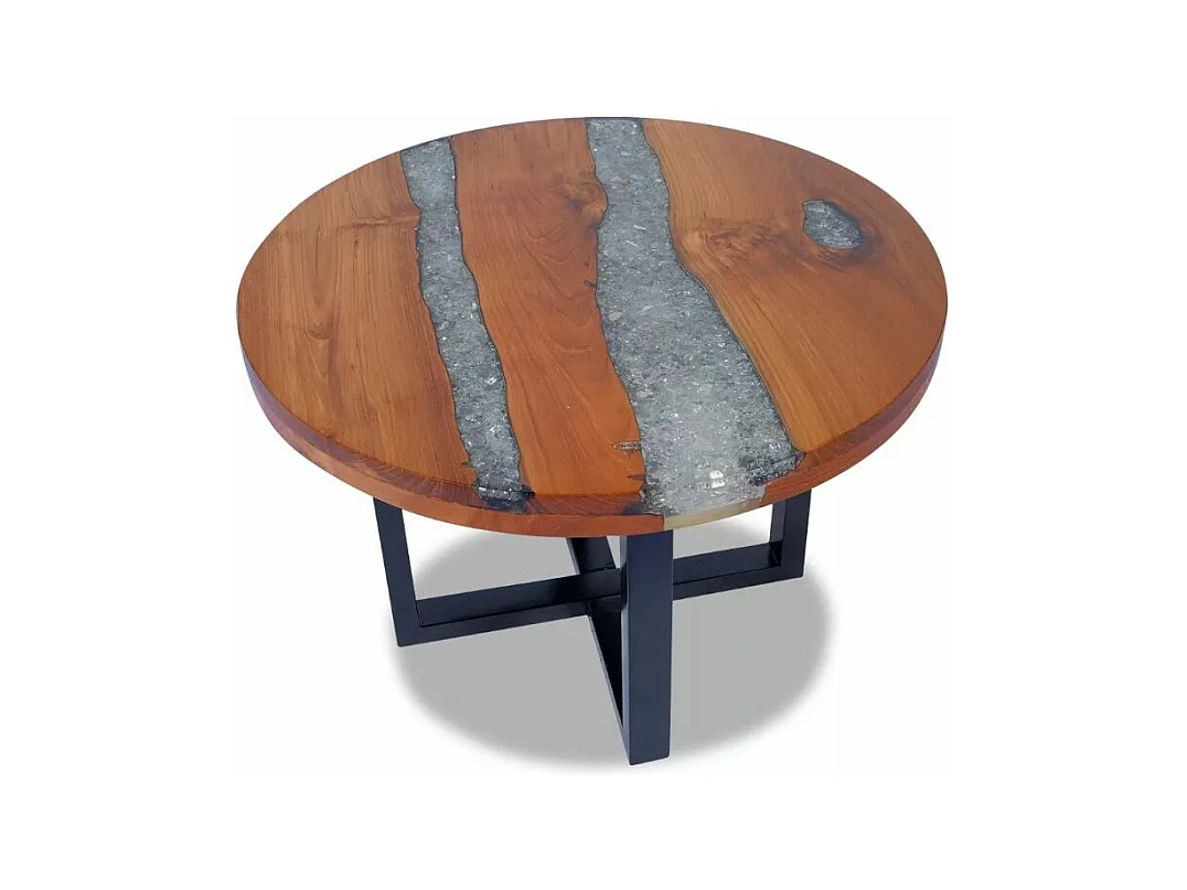 Table basse ronde teck massif clair et manguier noir Tamie