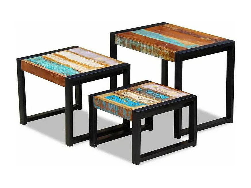Set de 3 tables gigognes bois de récupération et pieds métal noir Area