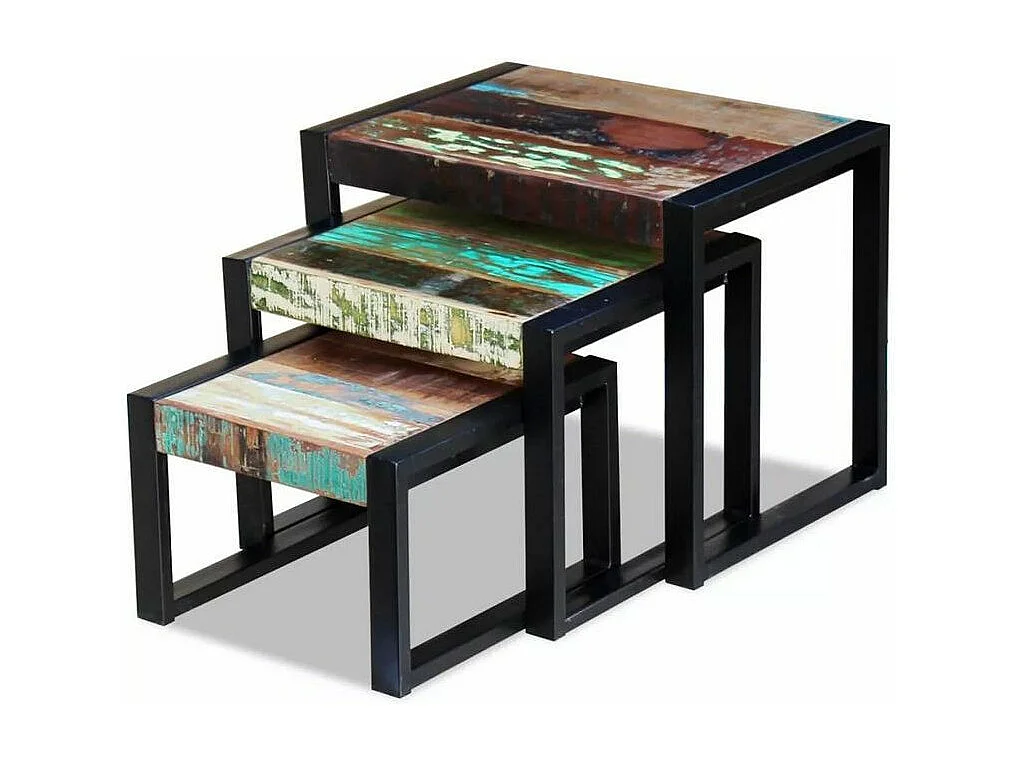 Set de 3 tables gigognes bois de récupération et pieds métal noir Area