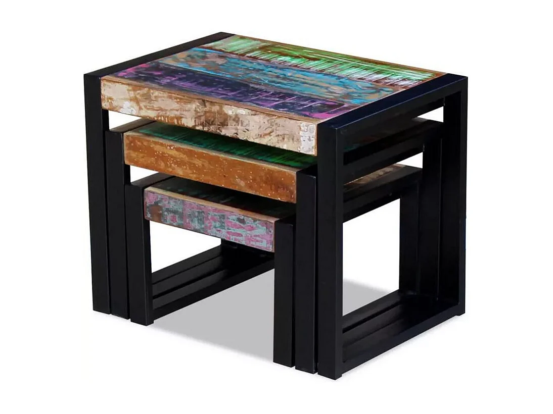Set de 3 tables gigognes bois de récupération et pieds métal noir Area