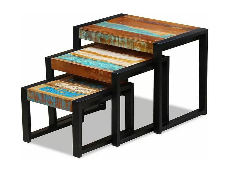 Set de 3 tables gigognes bois de récupération et pieds métal noir Area