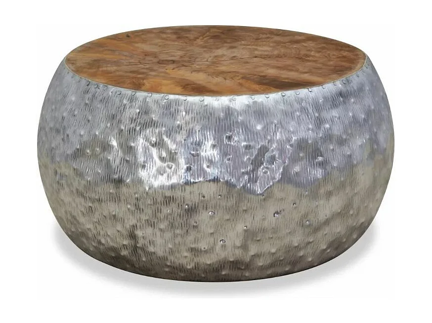 Table basse ronde métal argenté et teck massif foncé Vedi