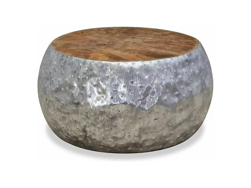 Table basse ronde métal argenté et teck massif foncé Vedi