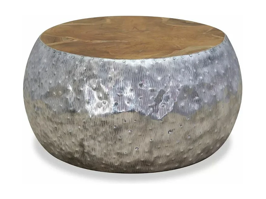 Table basse ronde métal argenté et teck massif foncé Vedi