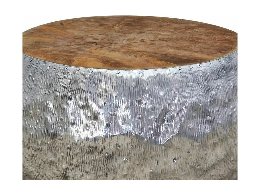Table basse ronde métal argenté et teck massif foncé Vedi