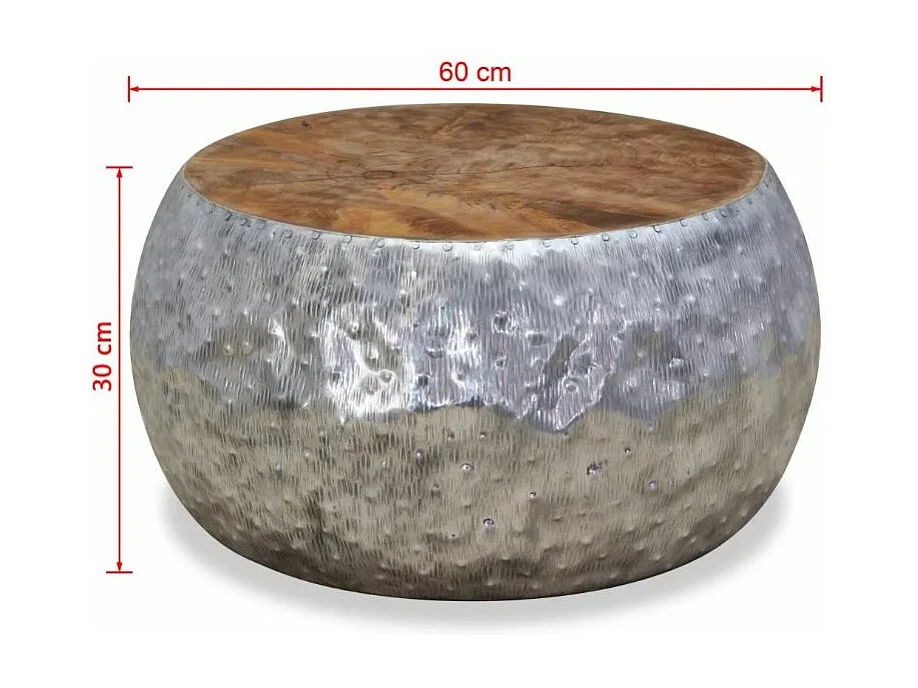 Table basse ronde métal argenté et teck massif foncé Vedi