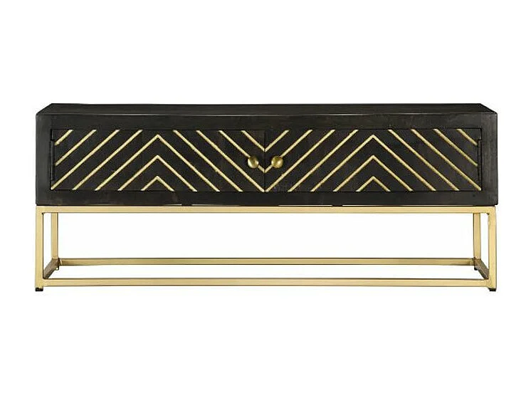 Table basse 2 portes manguier massif noir et métal doré Stray