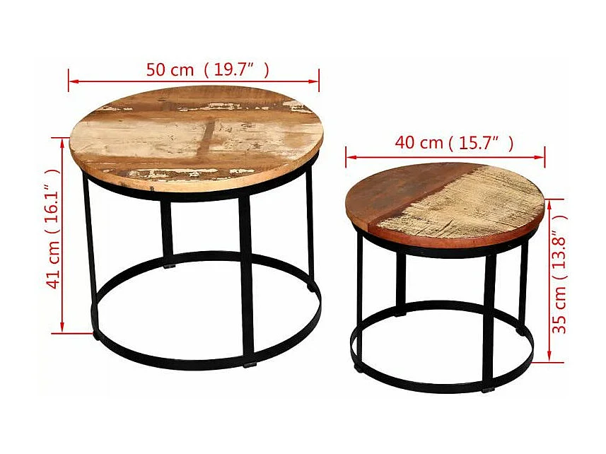 Table basse ronde bois massif recyclé et métal noir Mista - Lot de 2
