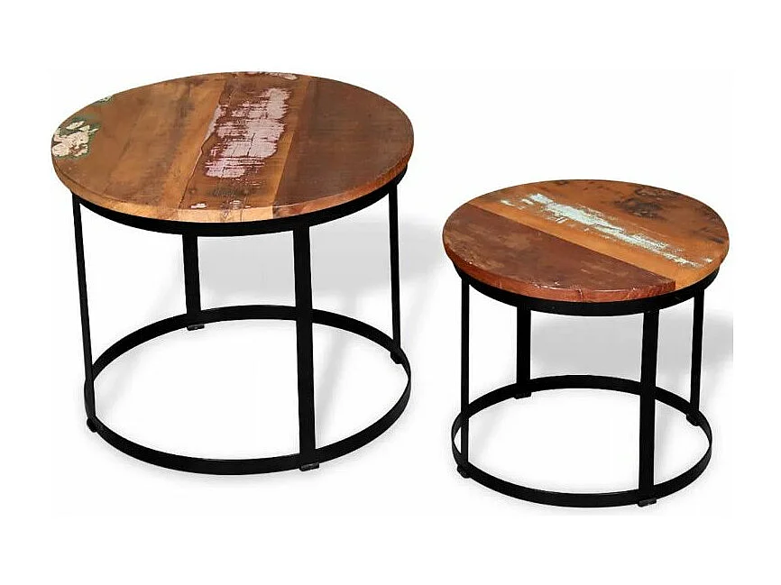 Table basse ronde bois massif recyclé et métal noir Mista - Lot de 2