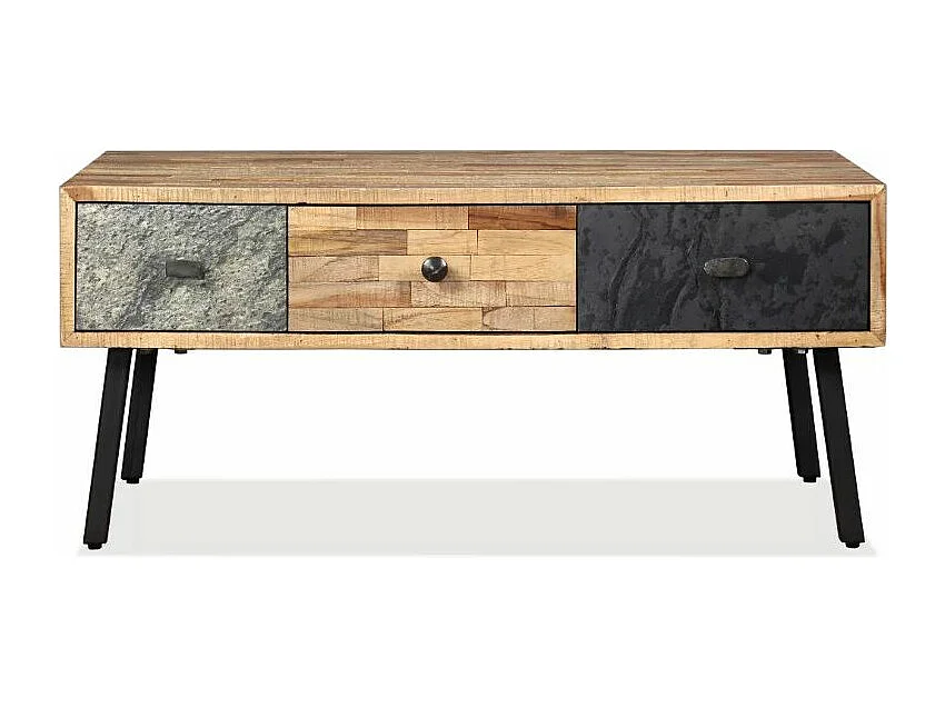 Table basse 3 tiroirs teck recyclé et pieds métal noir Voust