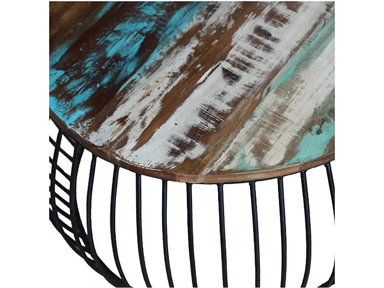 Table basse ronde bois massif recyclé foncé et métal noir Boust