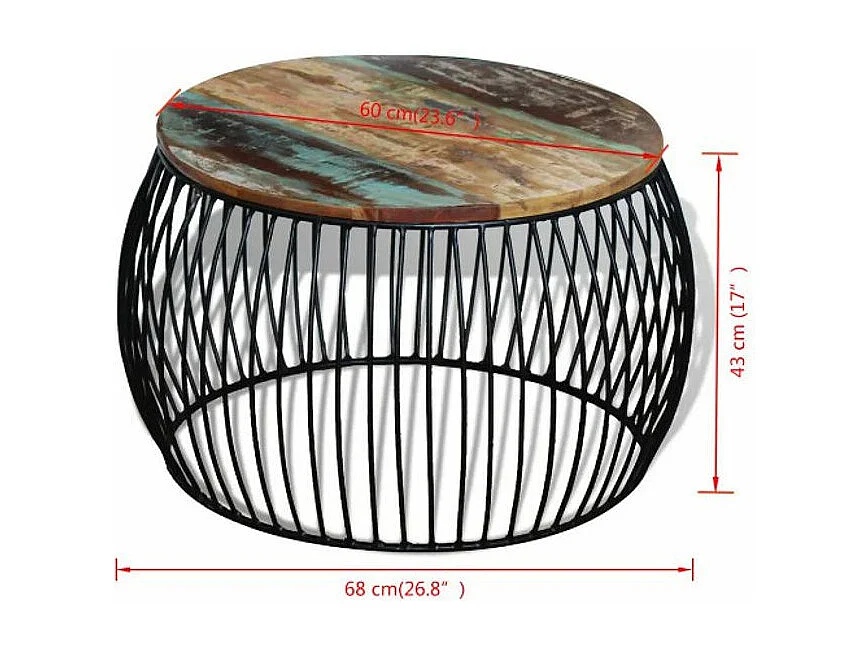 Table basse ronde bois massif recyclé foncé et métal noir Boust