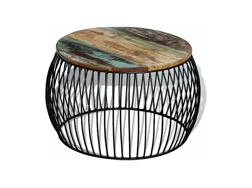 Table basse ronde bois massif recyclé foncé et métal noir Boust