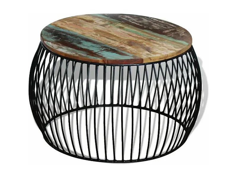 Table basse ronde bois massif recyclé foncé et métal noir Boust