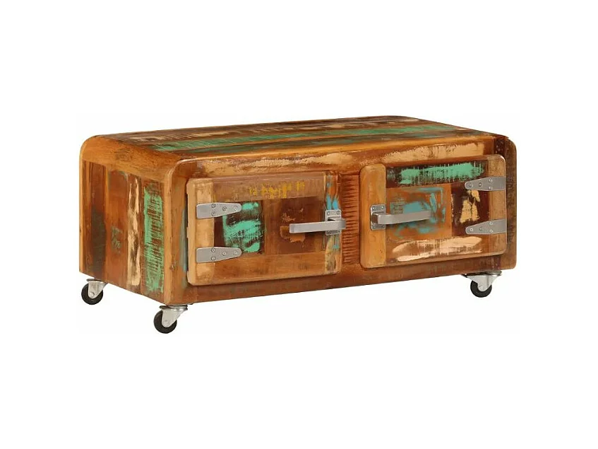 Table basse sur roulettes 2 portes bois massif recyclé Moust
