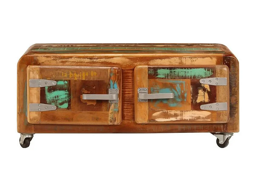 Table basse sur roulettes 2 portes bois massif recyclé Moust