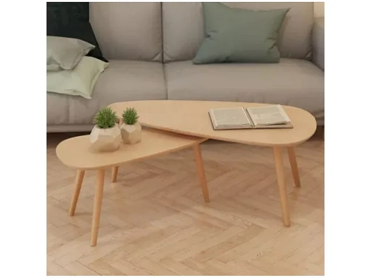 Table basse triangulaire bois clair et pieds pin massif clair Katsa - Lot de 2