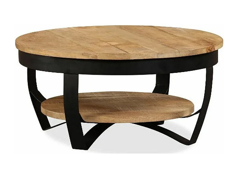 Table basse ronde manguier massif clair et métal noir Bastia