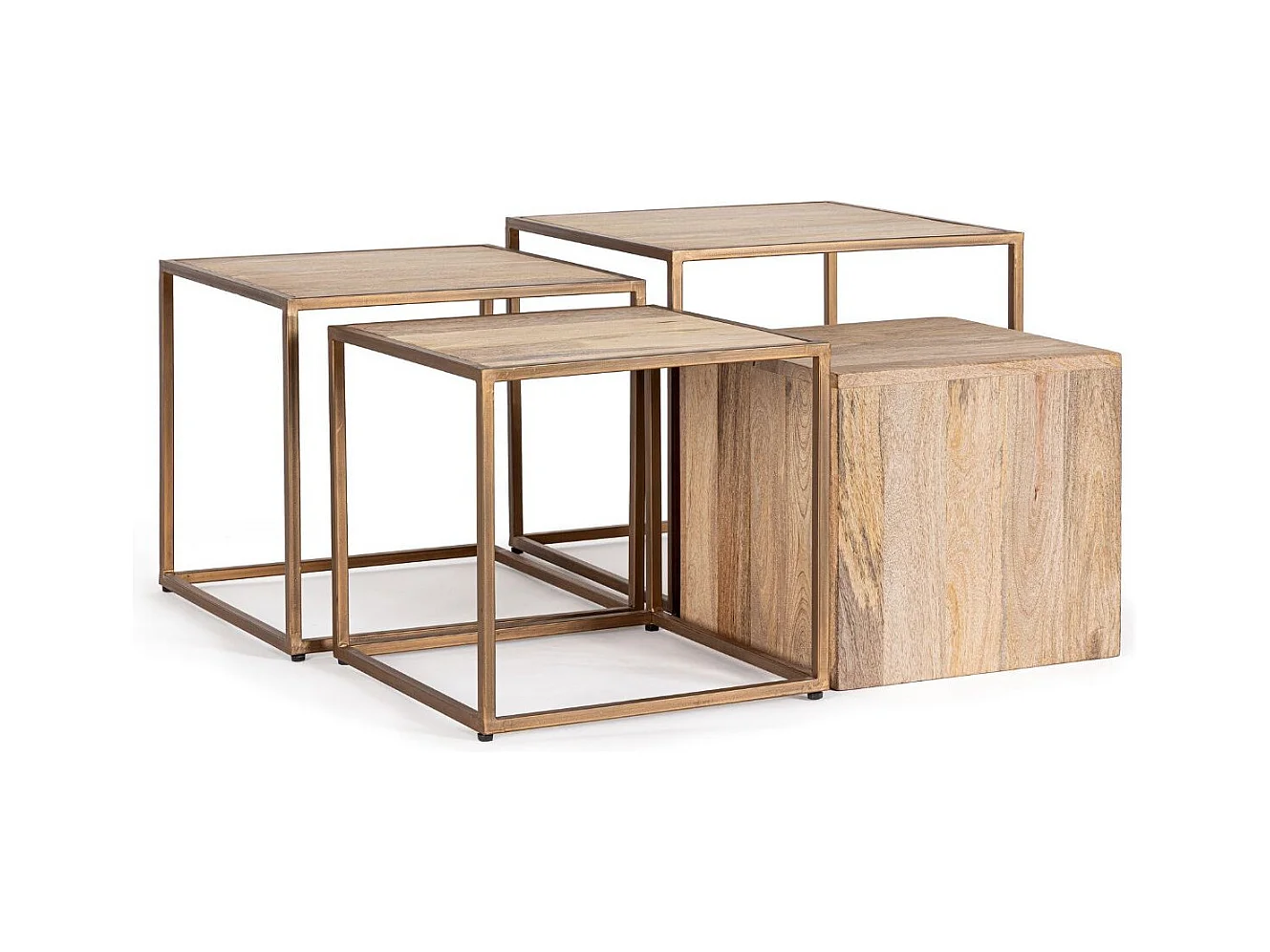 Table basse bois de manguier naturel et pieds acier laiton mat Jonky - Lot de 4