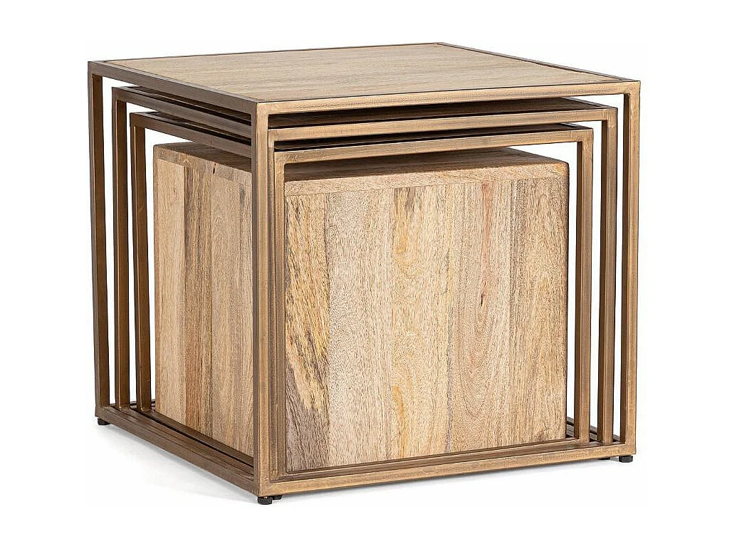 Table basse bois de manguier naturel et pieds acier laiton mat Jonky - Lot de 4