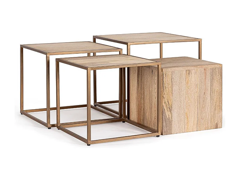 Table basse bois de manguier naturel et pieds acier laiton mat Jonky - Lot de 4