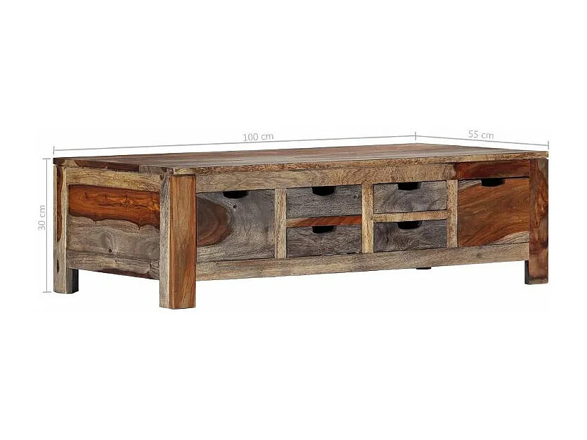 Table basse rectangulaire 6 tiroirs sesham massif foncé Mika