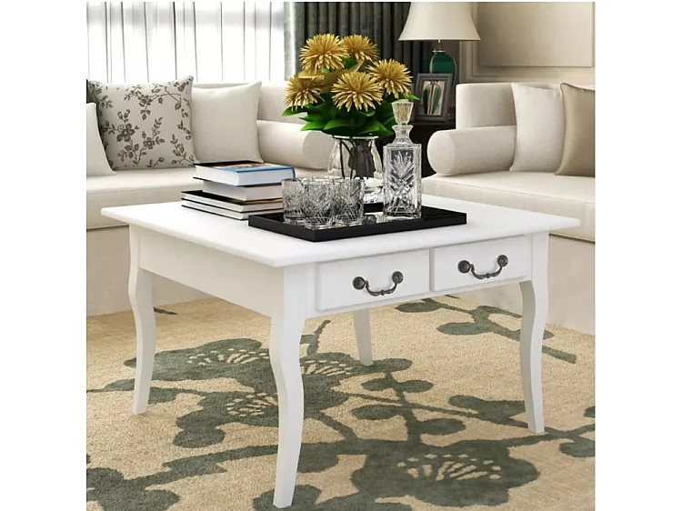 Table basse carrée 4 tiroirs bois et pin massif blanc Frenchy