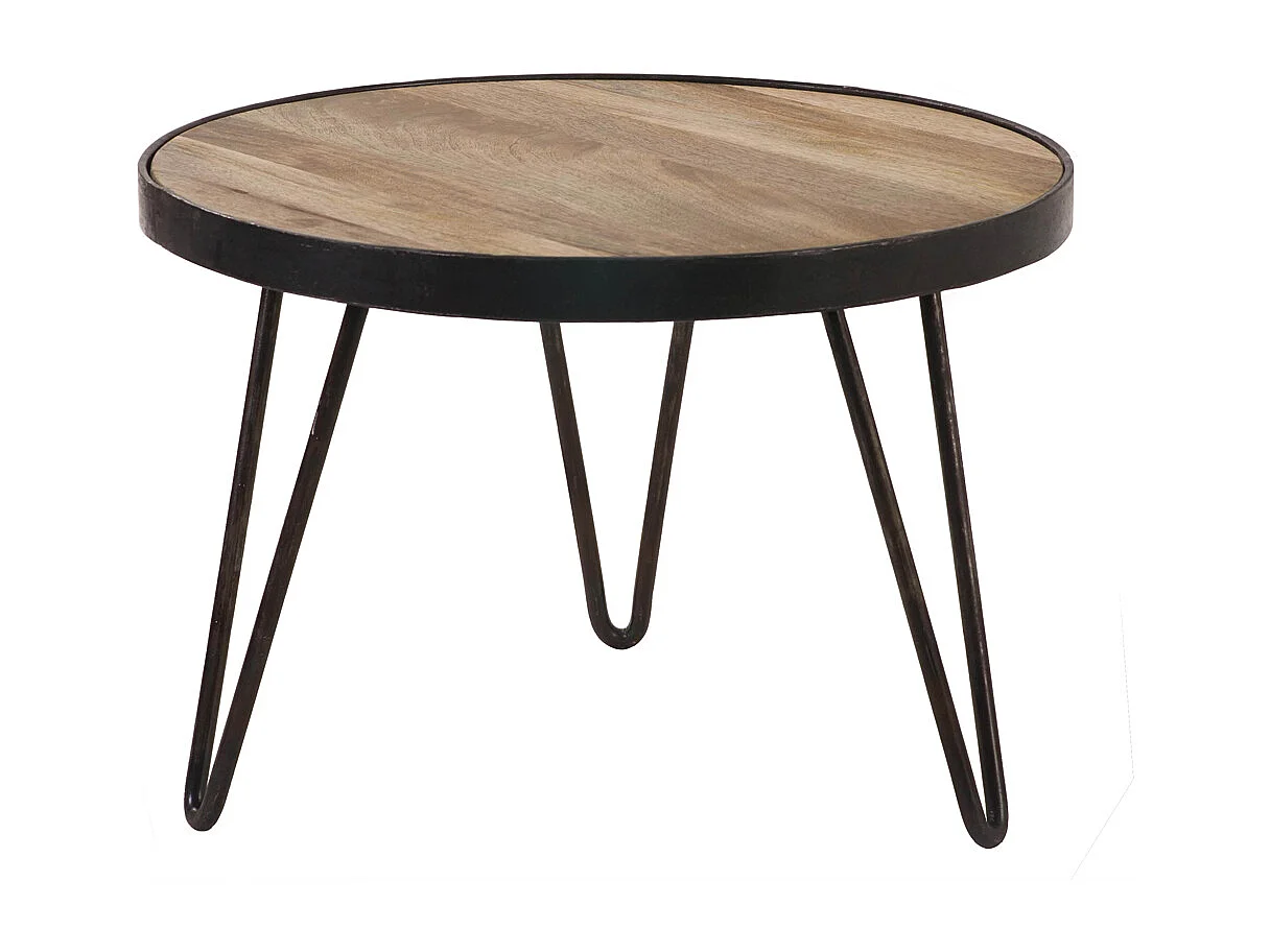 Table basse ronde industrielle bois manguier massif et métal noir D50 cm ATELIER